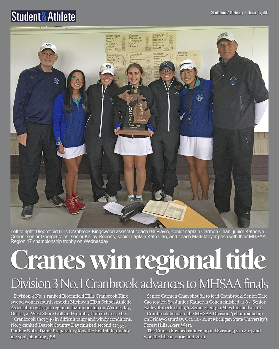 Cranbrook Kingswood assistant coach Bill Flavin Carmen Chan, Katheryn Cohen, Georgia Mies, Kailey Roberts, Kate Cao, and coach Mark Moyer pose.